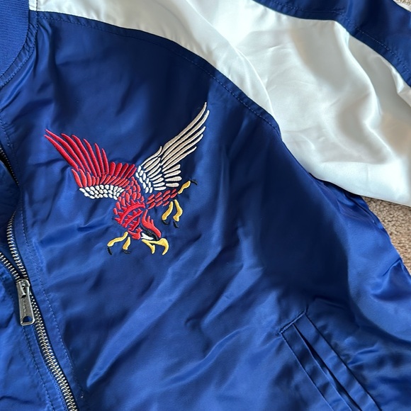 Embroidered silk material varsity bomber jacket - Picture 3 of 5
